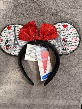 Disney Minnie Mouse Paris Ears Headband with Red Sequin Bow